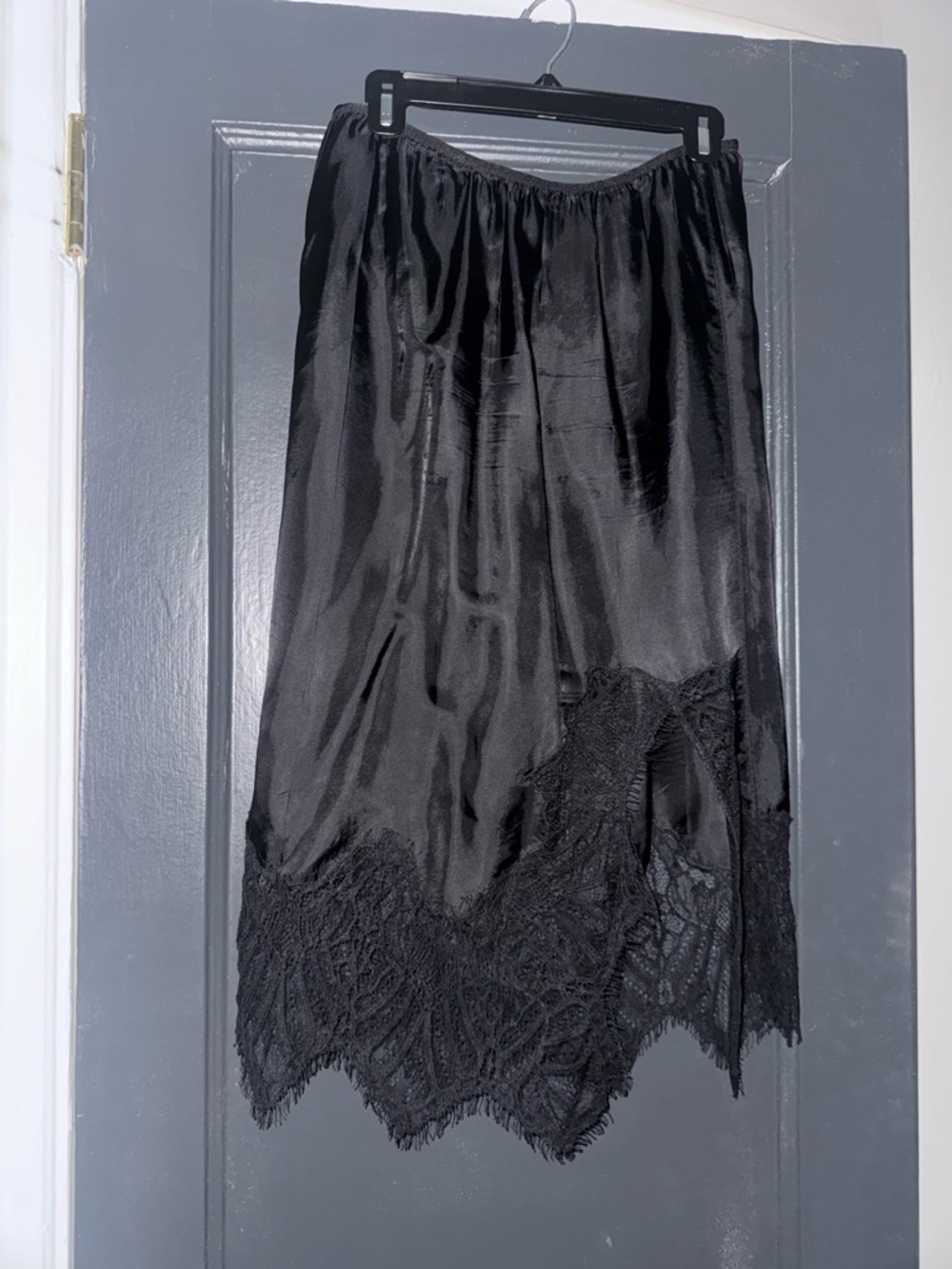 Helmut Lang Black Satin Slip Skirt with Lace Hem size 8